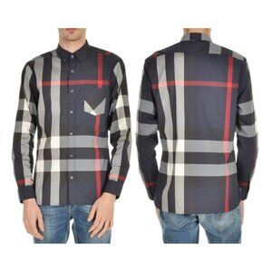 Burberry London, England Navy Blue Plaid House Check Cotton Blend Shirt Medium